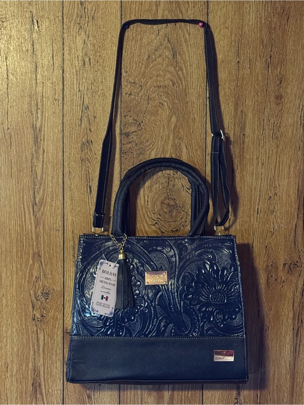 Embossed Floral jute Satchel Handbag - Navy